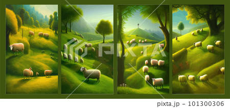Sheep in meadows and green hills. Summer rural landscape banner vector Sheep in meadows and green hills. Summer rural landscape banner vector 101300306