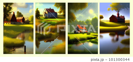 Green valley landscape. Summer season on lake with picturesque view. Houses 101300344