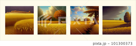 Rural landscape with wheat fields and yellow trees and sky on background. Rural landscape with wheat fields and yellow trees and sky on background. 101300373