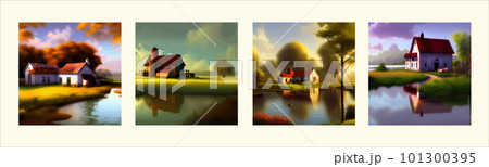 Green valley landscape. Summer season on lake with picturesque view. Houses 101300395