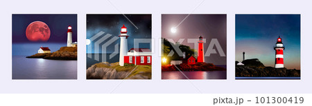 Red with white Lighthouse on sea shore at night in summer. Landscape view 101300419