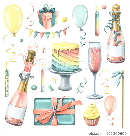 Festive set for a birthday or holiday with a cake, gifts, candles, champagne in bottles and glasses, balloons. Watercolor illustration hand drawn. Isolated objects on a white background. Festive set for a birthday or holiday with a cake, gifts, candles, champagne in bottles and glasses, balloons. Watercolor illustration hand drawn. Isolated objects on a white background. 101300609