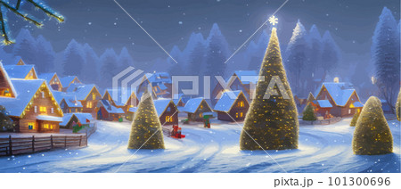 Nice winter landscape. Fabulous Lovely houses with warm light in the windows 101300696