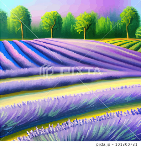 Lavender purple fields, green meadows and mountains. Farm panoramic view 101300731