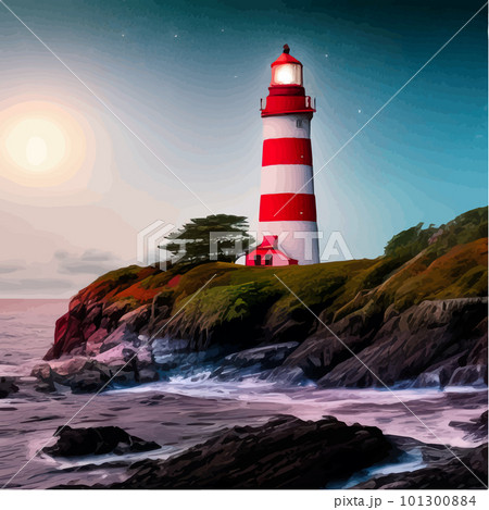 Lighthouse at night. Sea lighthouse with moon on rocky coast. Cartoon 101300884