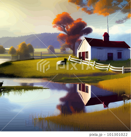 Summer rural scene with green agriculture fields, farmhouse and lake. Vector Summer rural scene with green agriculture fields, farmhouse and lake. Vector 101301022