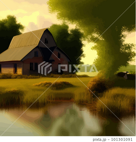 Summer rural scene with green agriculture fields, farmhouse and lake. Vector Summer rural scene with green agriculture fields, farmhouse and lake. Vector 101301091