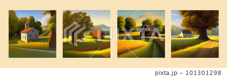 Vector illustration beautiful summer landscape with house and trees and green 101301298