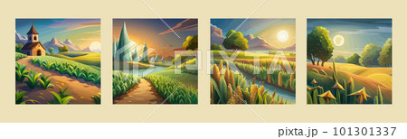 Sweet corn seeds and green leaves at Corn field in vector illustration 101301337