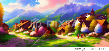 Idyllic mountain landscape in alps with blooming meadows in springtime 101301347