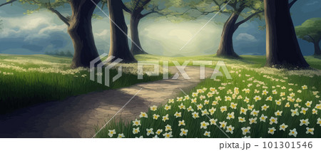 Forest cartoon backgrounds, natural landscape with deciduous trees, green 101301546