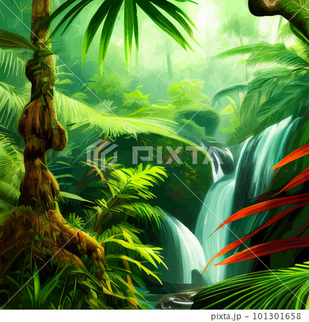 Beautiful cartoon forest tropical jungle with wildlife waterfall landscape Beautiful cartoon forest tropical jungle with wildlife waterfall landscape 101301658