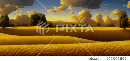 Rural landscape with wheat fields and yellow trees and sky on background. 101301691
