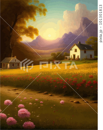 Natural landscape illustration, farm on background mountains, flowers plants 101301813