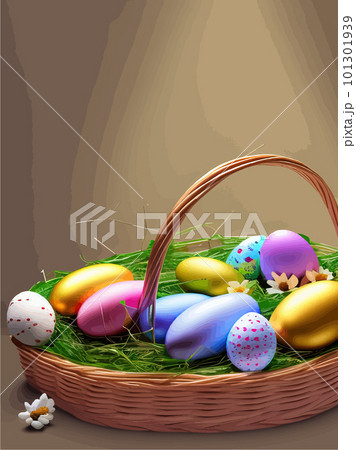 Festive Easter postcard. Easter eggs in basket on colored background. Vector 101301939