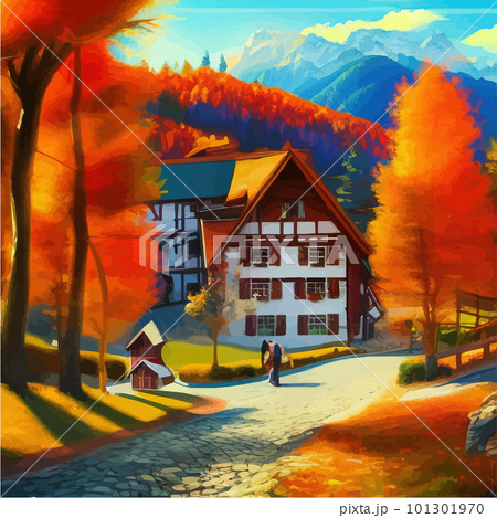 Sunny day in village house with road and orange autumn trees. Cartoon picture 101301970