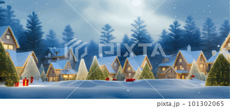 Nice winter landscape. Fabulous Lovely houses with warm light in the windows Nice winter landscape. Fabulous Lovely houses with warm light in the windows 101302065