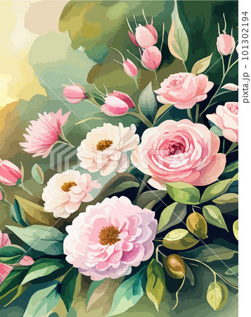 Border made pink watercolor roses flowers and green leaves, wedding 101302194