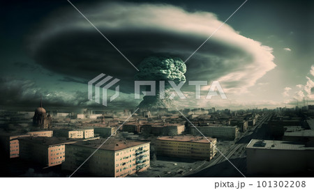 nuclear explosion mushroom cloud over russian city at winter morning, neural network generated art 101302208