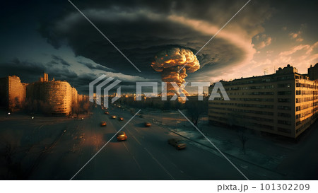 nuclear explosion mushroom cloud over russian city at winter morning, neural network generated art 101302209