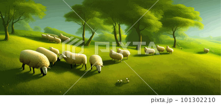 Sheep in meadows and green hills. Summer rural landscape banner vector 101302210