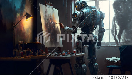 robot artist in the studio next to his easel, painting and paints while working, neural network ai generated art 101302213