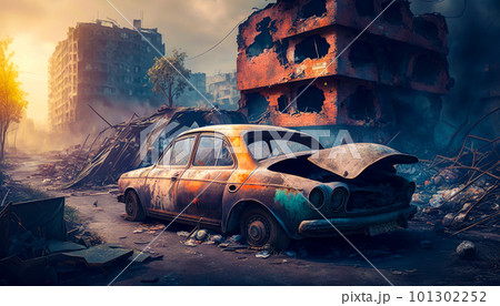 Burnt out car sitting in the middle of street Generative AI 101302252