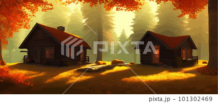 Autumn forest with a wooden house. Vector cartoon illustration of deep forest Autumn forest with a wooden house. Vector cartoon illustration of deep forest 101302469