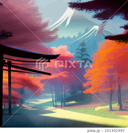 Colorful japanese landscape shrine through wooden torii. Forest Garden Colorful japanese landscape shrine through wooden torii. Forest Garden 101302497
