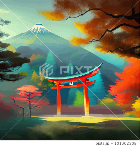 Colorful japanese landscape shrine through wooden torii. Forest Garden 101302508