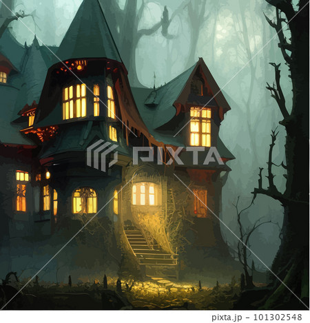 Night moonlight fantasy house in dark spooky dark forest in fog fantasy scene 101302548