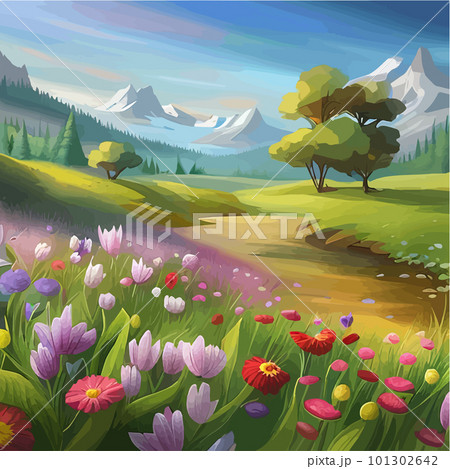 Spring landscape in green field colorful wildflowers and sunset, cartoon rural Spring landscape in green field colorful wildflowers and sunset, cartoon rural 101302642