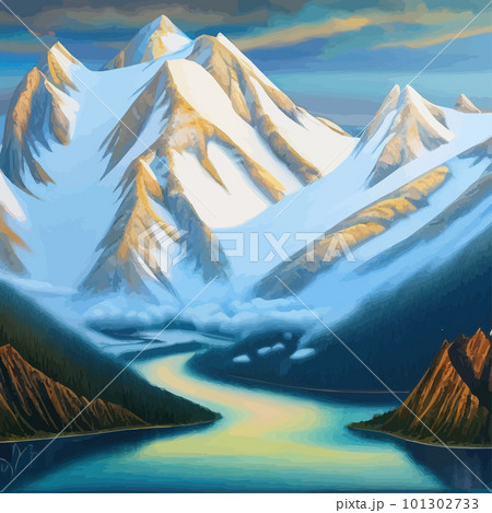 Stunning snow-capped mountains, Mountain Landscape, Alpine Snow, Vector 101302733