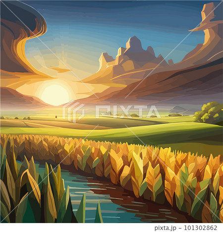 A cornfield with ripe cobs against a blue sky. Background image. Vector 101302862