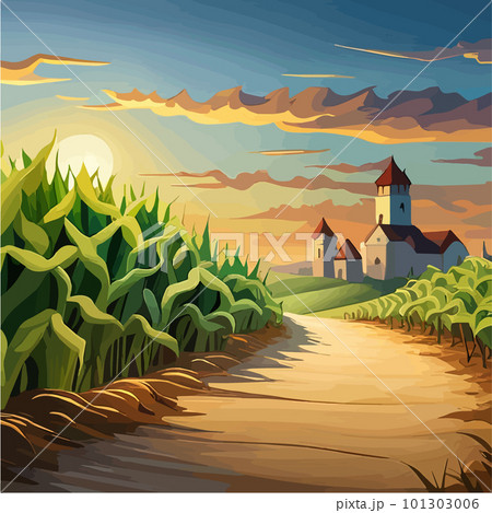 Cornfield landscape Vector illustration cartoon landscape with tall corn stems 101303006