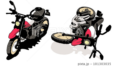 2種類のバイクのイラスト【停車中のバイク・転倒したバイク・赤・横倒し・オートバイ・自動二輪車】 2種類のバイクのイラスト【停車中のバイク・転倒したバイク・赤・横倒し・オートバイ・自動二輪車】 101303035
