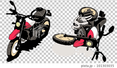 2種類のバイクのイラスト【停車中のバイク・転倒したバイク・赤・横倒し・オートバイ・自動二輪車】 2種類のバイクのイラスト【停車中のバイク・転倒したバイク・赤・横倒し・オートバイ・自動二輪車】 101303035