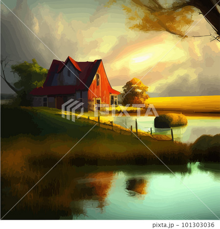 Summer rural scene with green agriculture fields, farmhouse and lake. Vector 101303036