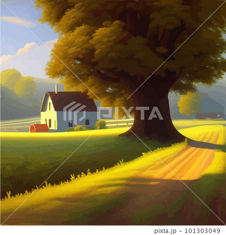 Wooden farmhouse with agricultural fields and garden. Vector cartoon Summer Wooden farmhouse with agricultural fields and garden. Vector cartoon Summer 101303049