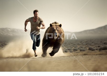 adult caucasian man running from giant grizzly bear in the desert, neural network generated art 101303234