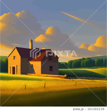 Wooden farmhouse with agricultural fields and garden. Vector cartoon Summer Wooden farmhouse with agricultural fields and garden. Vector cartoon Summer 101303239