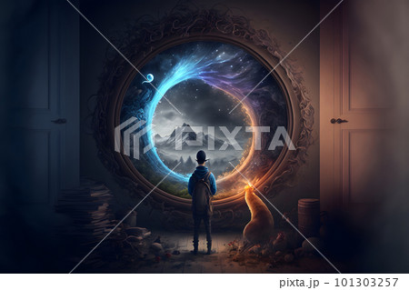 human and his pet looking into magic portal in room wall, neural network generated art 101303257