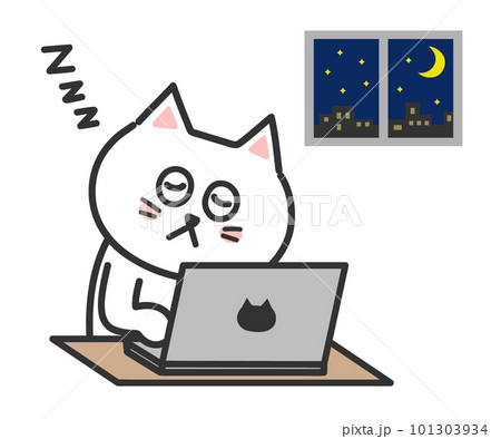 パソコンを操作しながら眠る白猫　イラスト 101303934
