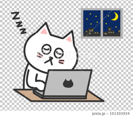 パソコンを操作しながら眠る白猫　イラスト 101303934