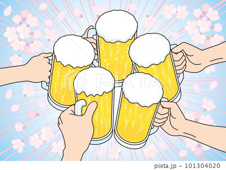 ビールで乾杯するイラスト_桜の花_花見 101304020