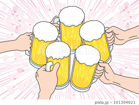 ビールで乾杯するイラスト_桜の花_花見 101304021