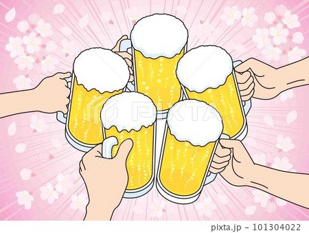 ビールで乾杯するイラスト_桜の花_花見 101304022