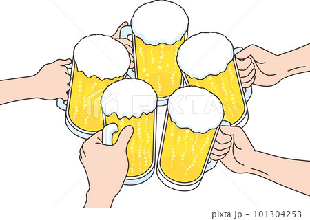 ビールで乾杯するリアルな手のイラスト素材 101304253