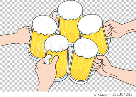 ビールで乾杯するリアルな手のイラスト素材 101304253