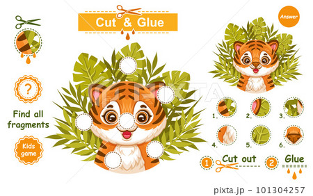 Cut and glue cute African tiger, jungle wild cat, find missing puzzle piece. Education children game. Striped wildcat animal character with leaves. Finish drawing fragment. Kid logical task. Vector Cut and glue cute African tiger, jungle wild cat, find missing puzzle piece. Education children game. Striped wildcat animal character with leaves. Finish drawing fragment. Kid logical task. Vector 101304257